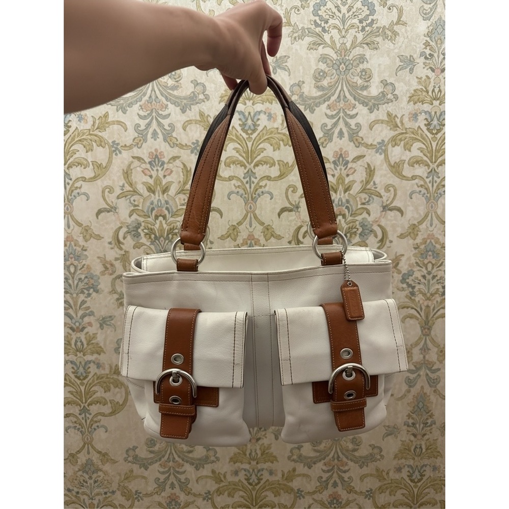 Coach White & Tan Leather Double Buckle Pocket Tote Shoulder Bag Y2K